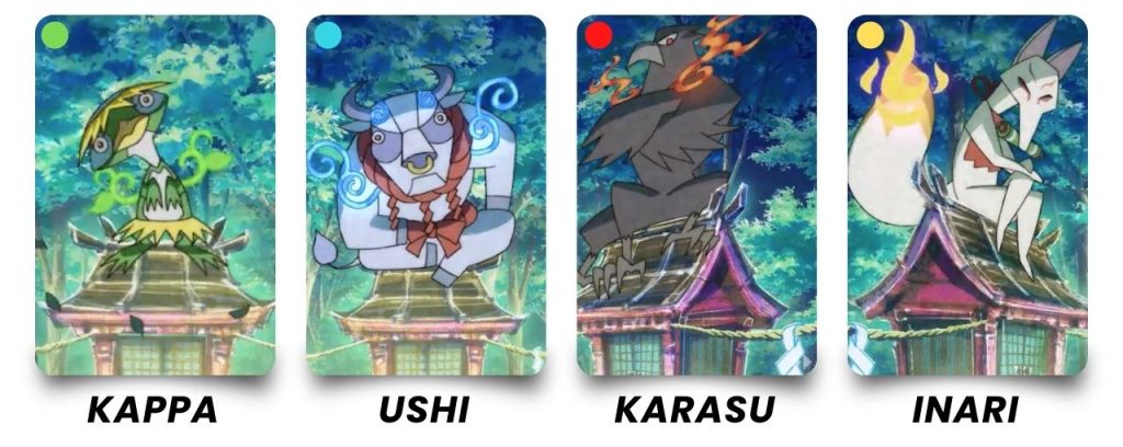 Kappa, Ushi, Karasu, dan Inari